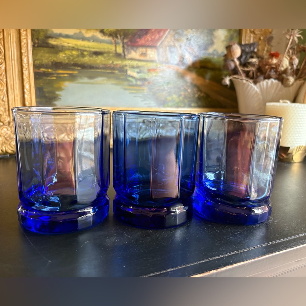 VTG  Anchor Hocking Cobalt Essex Juice Glasses/ Low Ball Tumblers Set of 3